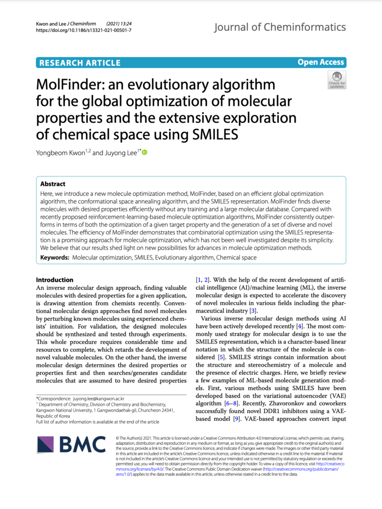 MolFinder: an evolutionary algorithm for the global optimization of molecular properties and the extensive exploration of chemical space using SMILES