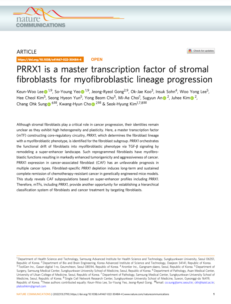 PRRX1 is a master transcription factor of stromal fibroblasts for myofibroblastic lineage progression